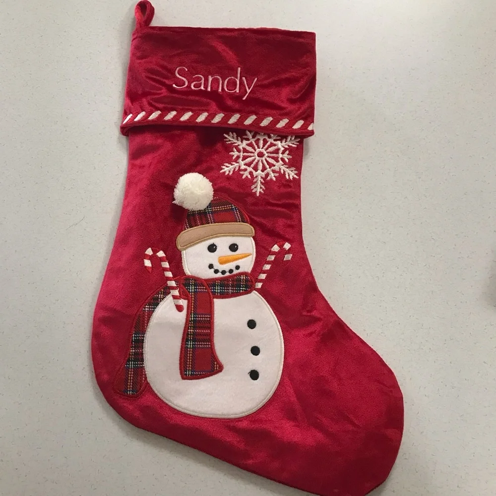 Christmas Stocking Red Velvet Snowflake Snowman Embroidery Personalized Sandy